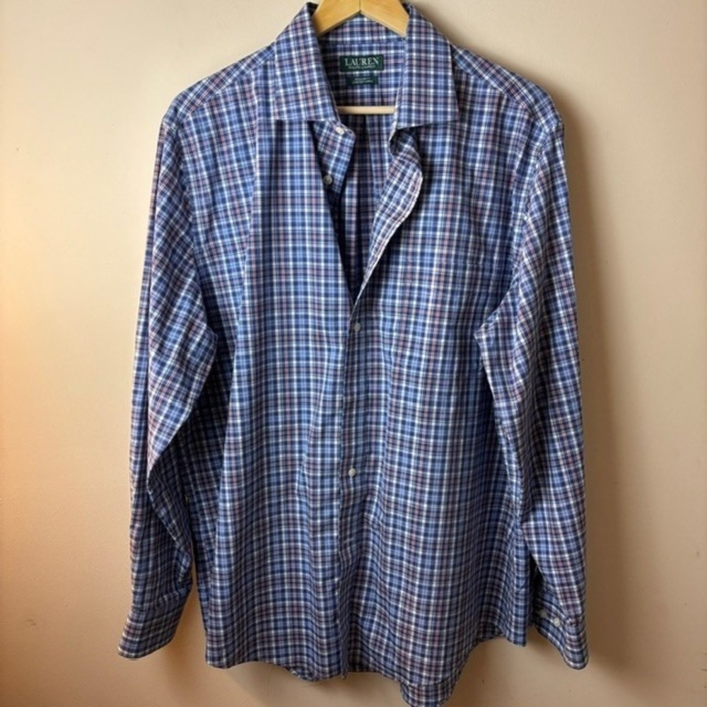 Mens 17-34/35 XL Lauren Ralph Lauren Dress Shirt Blue Plaid Stretch Regular Fit